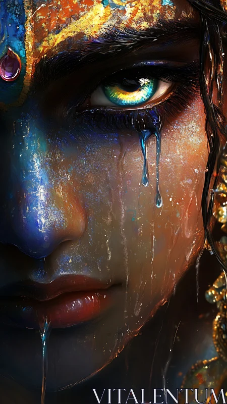 Iridescent painted face sheds liquid tears in close focus
