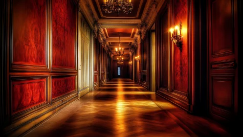 Golden light drifts through an elegant red palace hallway