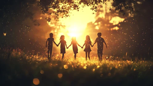Children united in golden sunset light holding hands together