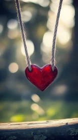Red Heart Suspended by Twine Against Sunlit Foliage