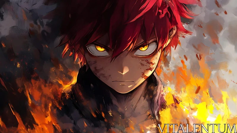 Red haired anime boy stares forward amid surrounding flames