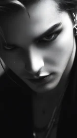 Monochrome close-up portrait of androgynous person in shadow.