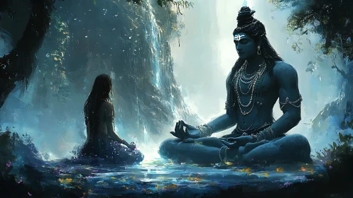 Meditating blue deity instructs seated devotee in forest pool