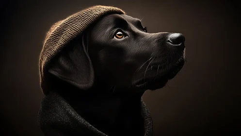 Stylized black labrador portrait in knit beanie and cloak.