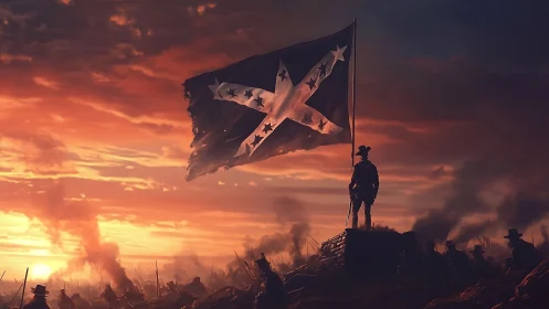 Storm-torn war banner claws at a burning twilight sky