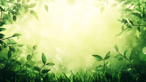 Lush green leaves and grass in a sunlit dreamy nature scene.
