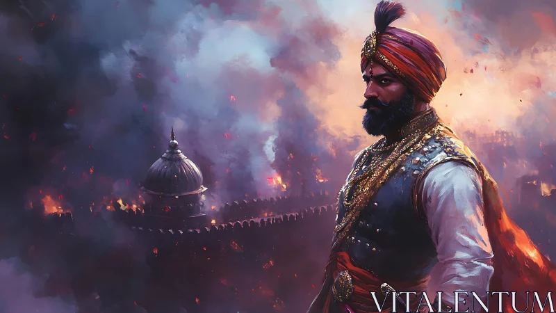 Armored warrior stands before burning fortress in smoke