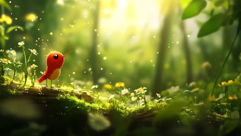 Tiny red forest friend wandering through glowing daylight.