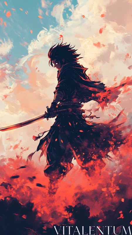 Silhouetted swordsman in red smoke against sky backdrop.