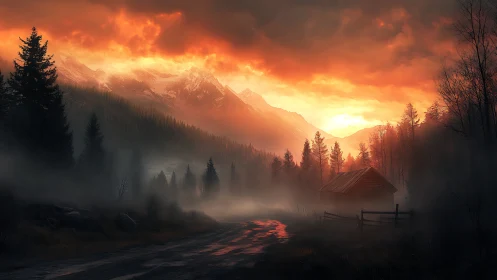 Mountain valley cabin stands in fog under intense sunset sky