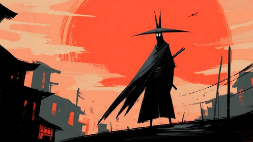 Stylized cloaked swordsman silhouettes against oversized red sun