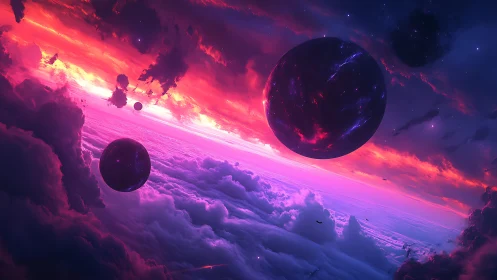 Neon dusk orbits above cotton nebula clouds in bloom.