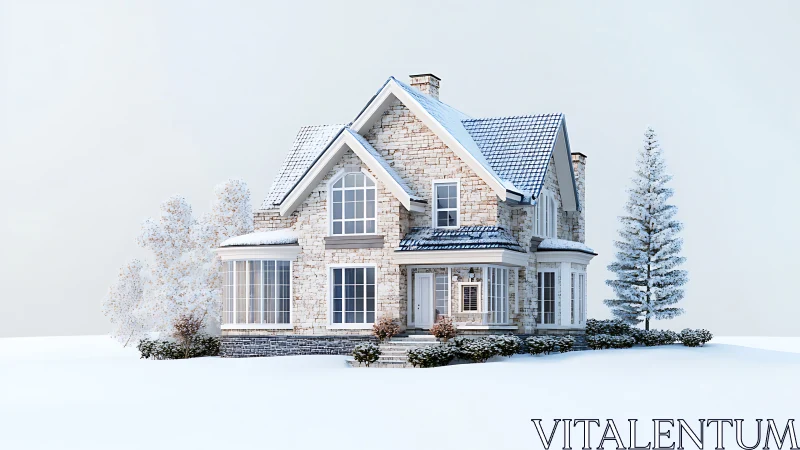 3D winter architectural render of stone-clad suburban house.