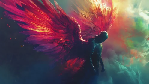 Radiant winged guardian drifting through prismatic storm skies.