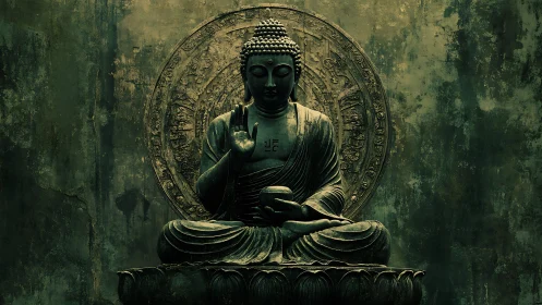 Bronze Buddha statue sits before ornate circular mandala