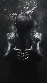 Shadowed figure cupping light amid explosive darkness.