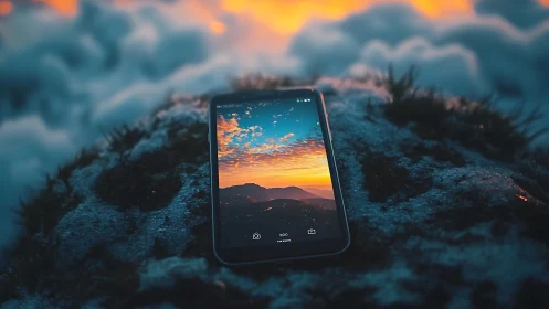 Smartphone on frosted rock framing vivid alpine sunset sky