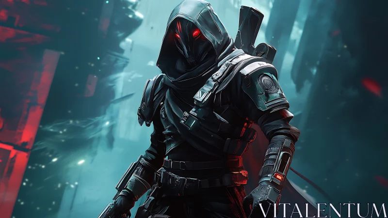 Shrouded cyber assassin with glowing red visor stands poised.