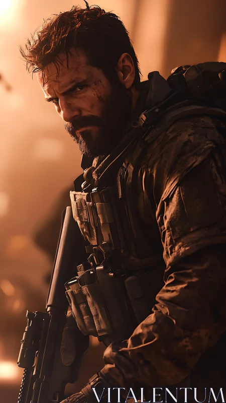 Battle-hardened soldier grips rifle under blazing sunset