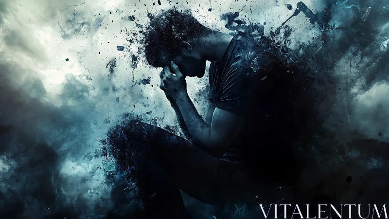 Shattered silhouette in stormy blue emotional vortex.