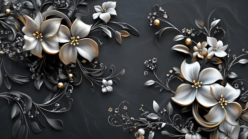 Ornate 3D Floral Design with Gold and White Flowers on Dark Background.