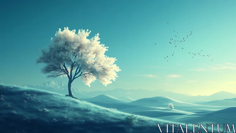 Solitary frosted tree on rolling teal hills at sunrise.