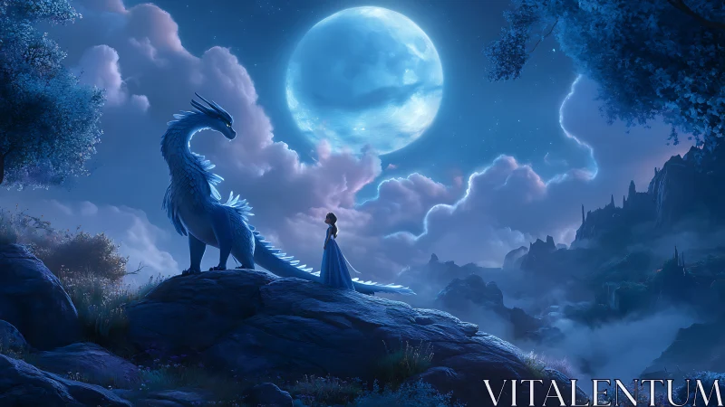 Lunar-lit draconic sentinel with cloaked figure on cliffside.