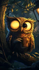 Sleepy night owl clutching a cozy cup of woodland coffee.