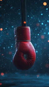 Suspended Red Boxing Glove Against Particle Sky