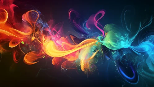 Abstract multicolor swirling light forms on dark background.