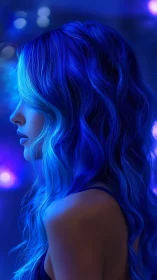 Neon blue-haired woman stands in moody cinematic profile