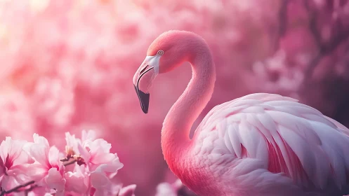 Pink flamingo portrait among soft pink blossoms.