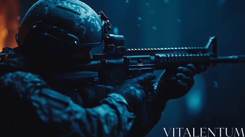 Tactical operator aims carbine under low light with cinematic bokeh
