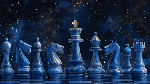 Celestial blue chess army stands beneath a star-filled sky.