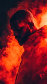 Profile portrait in red smoke with strong side lighting.
