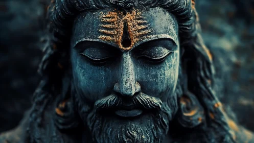 Stone deity portrait with serene meditative expression.