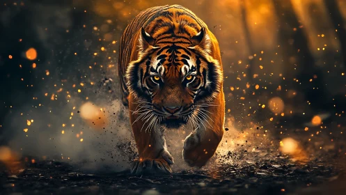Tiger charges forward through glowing embers and dust