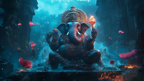 Majestic elephant deity in glowing teal temple haze.