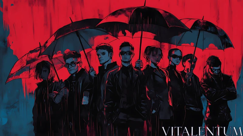 Group of people under umbrellas stands against red background