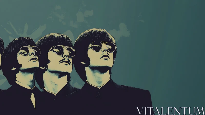 Cool retro band portrait with bold teal and gold tones.