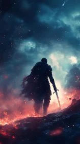 Lone ember knight striding through a storm of fire and sky.