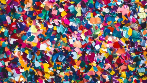 Vibrant abstract confetti background with bold, colorful shapes.
