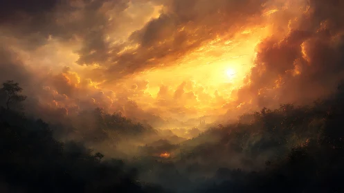 Storm-torn heavens melt into an ember-lit valley dream