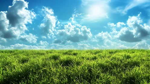 Sunlit grassy field under bright sky of drifting clouds.