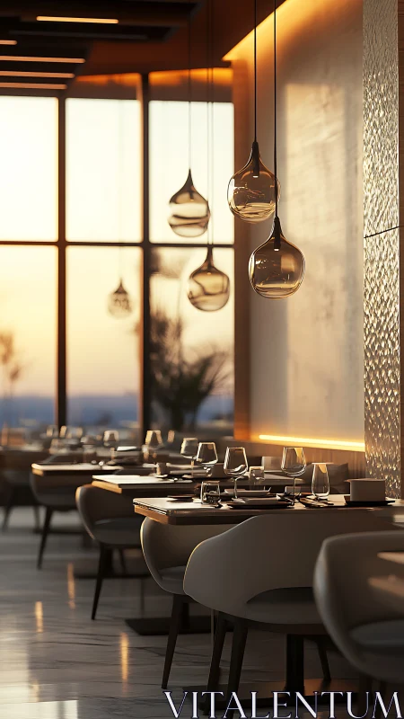 Sunlit fine-dining interior with volumetric warm backlit glass pendants