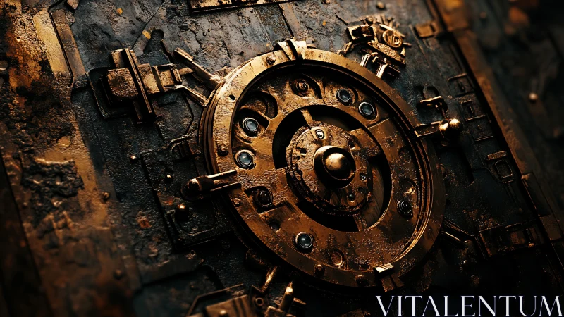 Industrial cyberpunk vault door with corroded security mechanics.