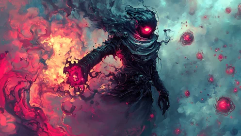 Void sorcerer wreathed in flaming crimson energy.