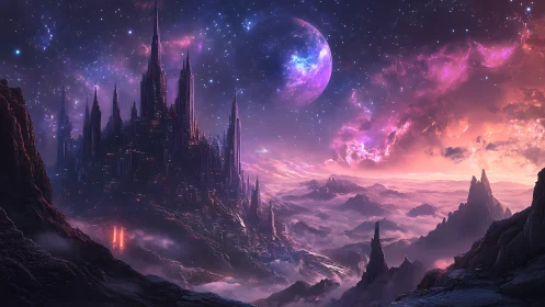 Starlit alien city rises over misty mountains and glowing sky