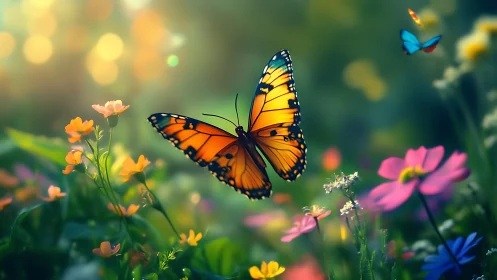 Digital painting of monarch butterfly in luminous garden scene.