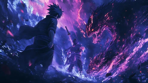 Dual swordsman confronts multi-headed spectral beast in violet plasma